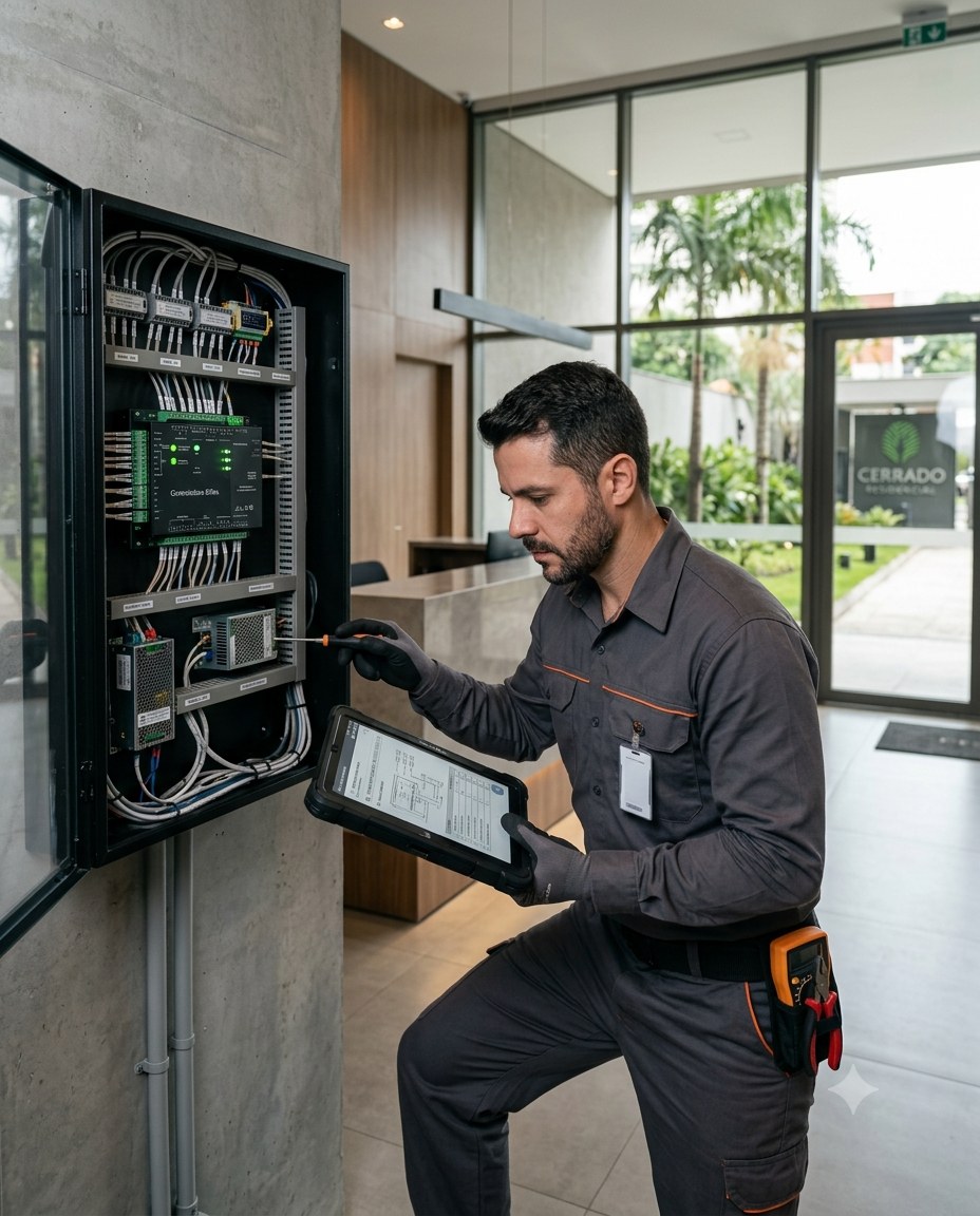Técnico realizando manutenção em painel de controle de acesso de condomínio